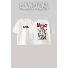 Anetos Slipknot 11 Tasarım Sırt Baskılı Pamuk Beyaz Oversize T-Shirt