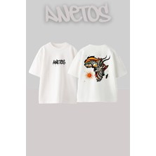 Anetos Africa Tasarım Sırt Baskılı Pamuk Beyaz Oversize T-Shirt