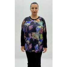 AlanyaXXL Büyük Beden Viskon Çiçek Desenli Taşlı Uzun Kol Oversize Kadın Bluz