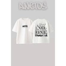 Anetos No One Tasarım Sırt Baskılı Pamuk Beyaz Oversize T-Shirt