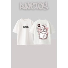Anetos Canavar Tasarım Sırt Baskılı Pamuk Beyaz Oversize T-Shirt