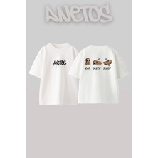 Anetos Eat Sleep Sleep Tasarım Sırt Baskılı Pamuk Beyaz Oversize T-Shirt