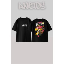 Anetos Pink Panter 3 Tasarım Sırt Baskılı Pamuk Siyah Oversize T-Shirt