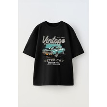 Anetos Vıntage Car Baskılı Ünisex Pamuk Siyah Oversize T Shirt