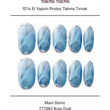 Takma Takma 10'lu Mavi Kısa Oval TT1382 Tekrar Kullanılabilir El Yapımı Protez Takma Tırnak - Mavi-S