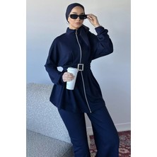 Julude Ön Fermuarlı Pileli Tunik Bel Lastikli Pantolon Tesettür Ikili Takım P-00018989