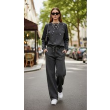 The Kadın Batik Siyah Wide Leg Jogger – Lastikli Bağcıklı Bel – Rahat Bol Kesim Pamuk Elastan