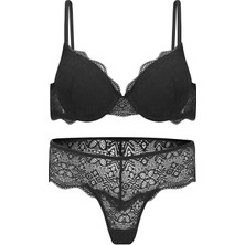 Wonna Anna 2735 Dantelli Dekolte Dolgulu Push-Up Sütyen ve Külot Takımı- Siyah