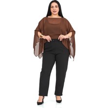 Disentis Modest Büyük Beden Asimetrik Kesim Şifon Kahverengi Pelerin Bolero