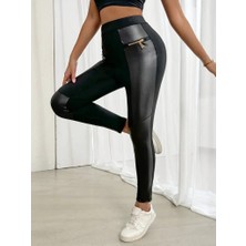 Ahes Shopping Kadın Yüksek Bel Yan Şerit Deri Detay Fermuarlı Dalgıç Tayt