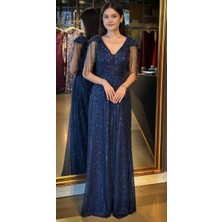 Abiyeniall Lacivert V Yaka Boncuk Işlemeli Yırtmaçlı Düz Kesim Likralı Payet Uzun Abiye Elbise 11107-02