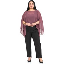 Disentis Modest Büyük Beden Asimetrik Kesim Şifon Gül Kurusu Pelerin Bolero