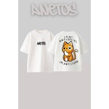 Anetos Im Cat Tasarım Sırt Baskılı Pamuk Beyaz Oversize T-Shirt