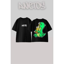 Anetos Dıno 1 Tasarım Sırt Baskılı Pamuk Siyah Oversize T-Shirt