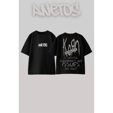 Anetos Korn 4 Tasarım Sırt Baskılı Pamuk Siyah Oversize T-Shirt