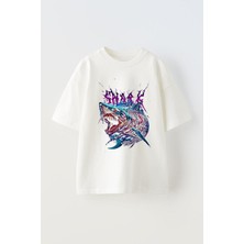 Anetos Sharke-Tasarım Ön Baskılı Pamuk Beyaz Oversize T Shirt