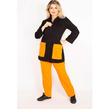 Şans Kadın Büyük Beden Oranj-Siyah, Cep Kombinli Kapşonlu Ön Fermuarlı Sweatshirt Pantolon Takım 65N39162