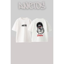 Anetos Scarface Tasarım Sırt Baskılı Pamuk Beyaz Oversize T-Shirt