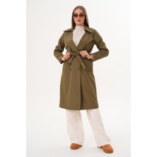 Soi Fashion Kuşaklı Astarlı Uzun Trençkot Haki