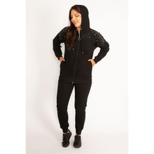 Şans Kadın Büyük Beden Siyah Taş Detaylı Ön Fermuar ve Kapşonlu Sweatshirt Pantolon Ikili Takım 65N38387
