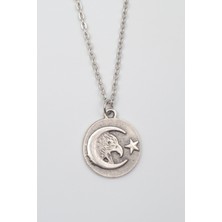 IDR Ay Yıldız Kartal Figürlü Kolye - Düz Ezme İthal Zincirli Unisex Gümüş Kaplama - 60 cm