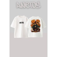 Anetos Tanjiro Demon Slayer Tasarım Sırt Baskılı Pamuk Beyaz Oversize T-Shirt