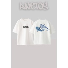 Anetos Mavi Balinalar Tasarım Sırt Baskılı Pamuk Beyaz Oversize T-Shirt
