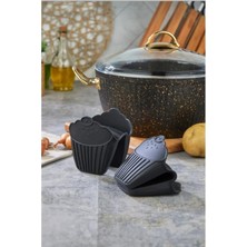 Royal Gross 2 Adet Silikon Fırın Eldiveni Kaymaz Mikrodalga Fırın Tencere Tepsi Tutmaç Seti Siyah