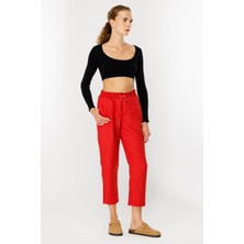 Accort Kapitone Desenli Beli Lastikli Pantolon-Kırmızı