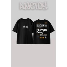 Anetos Human Being Tasarım Sırt Baskılı Pamuk Siyah Oversize T-Shirt