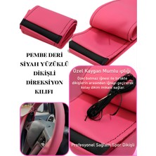 Renault Fluence Pembe Deri Siyah Yüzüklü Dikiş Direksiyon Kılıfı Prime Kalite