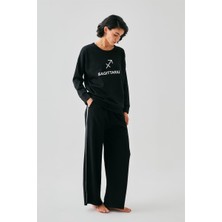 Modaserdem  Kadın Siyah Yay Burcu Oversize 2 Iplik Eşofman Ev Giyim Takımı