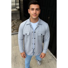 Erkek Diagonal Kumaş Cepli Çıtçıtlı Uzun Kollu, Gömlek Oversize Rahat Kalıp Günlük Şık Stil - Gri