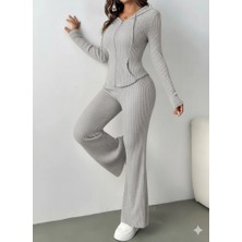 Passense Kadın Uzun Kollu Kapşonlu Önden Fermuarlı Kaşkorse Bluz ve Pantolon Ikili Takım