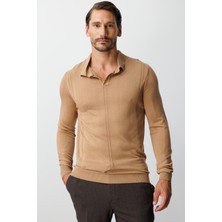 İGS Koyu Bej Standart Fit  Polo Yaka  Düz Uzun Kollu  Triko