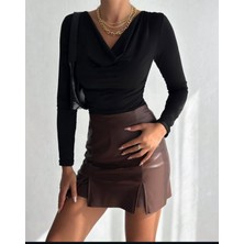 Moda Degaje Yaka Drapeli Uzun Kollu Slim Fit Bluz