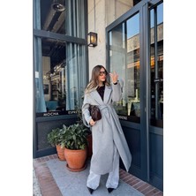 Sue Store Gri Kuşaklı Astarlı Oversize Kol Detay Yün Kaban