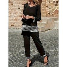 Arben Boutique Kadın Uzun Kollu Yuvarlak Yakalı Kaz Ayağı Detaylı Viskon Iki Iplik Bluz ve Pantolon Ikili Takım