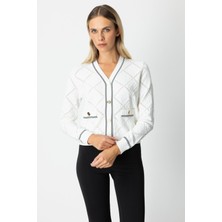 On Kadın V Yaka Kabartmalı Hırka 60950 Ekru