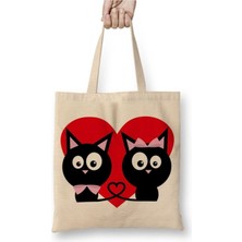 Toyaso Kedicikler Kalp Cats Kedi Bez Çanta Uzun Saplı Alışveriş Çantası Plaj Çantası