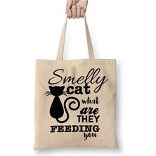 Toyaso Smelly Cat Kedi Beyaz Bez Çanta Uzun Saplı Alışveriş Çantası Plaj Çantası