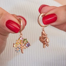 Gumush Gümüş Rose Renkli Taşlı Hayat Ağacı Kadın Küpe