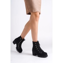 Joy Ayakkabı Emma Bağcıklı Fermuarlı Ortopedik Taban Topuklu Süet Kadın Bot  Sst - Siyah