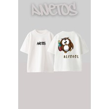 Anetos Alcohol Tasarım Sırt Baskılı Pamuk Beyaz Oversize T-Shirt