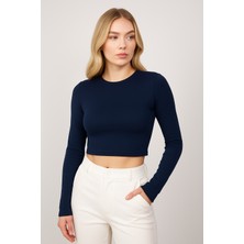 Sibel Günay Butik Kadın Buzy Kumaş Parmak Geçmeli Lacivert Crop Body| Uzun Kollu – Likralı