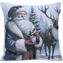 Believe Belıeve Noel Baba Kahveli Kuşlu Jakarlı Dokuma Goblen Dekoratif Simli Yılbaşı Kırlent 45*45