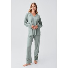 Artış Collection Uzun Kollu Düğmeli Dantelli Esnek Viskoz Pijama Takım 18206