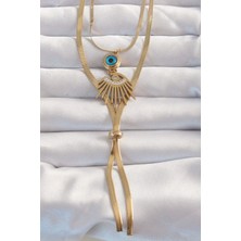 Claris 316L Çelik Gold Renk Zirkon Taşlı Göz Detay Nazarlı Uzun Asansör Model Kolye