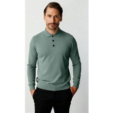 İGS Mint Yeşili Standart Fit Dar Kalıp Polo Yaka Düz Uzun Kollu  Triko