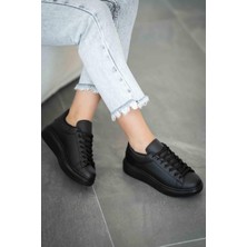 Rümeysa Queen Bağcıklı Kadın Deri Spor Ayakkabı Siyah Siyah